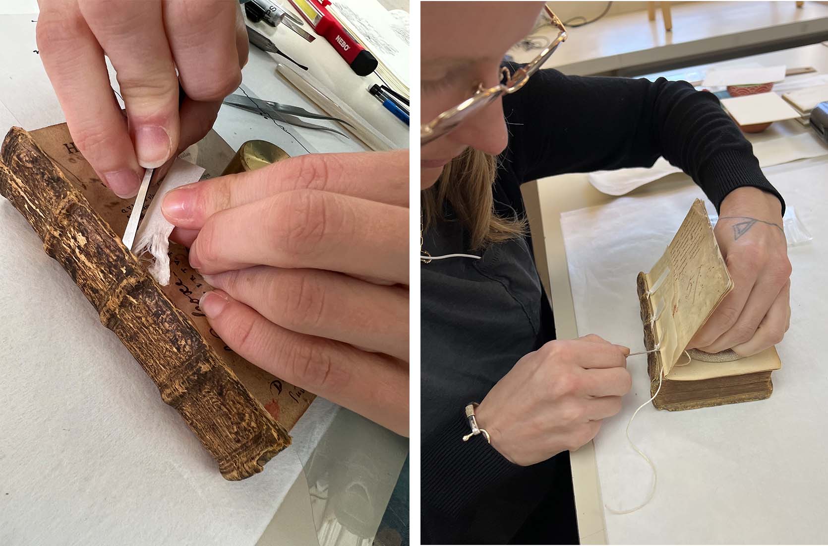 side-by-side images of book spine being repaired