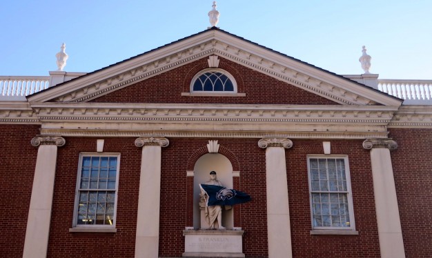 library hall statue of franklin in Eagles regalia