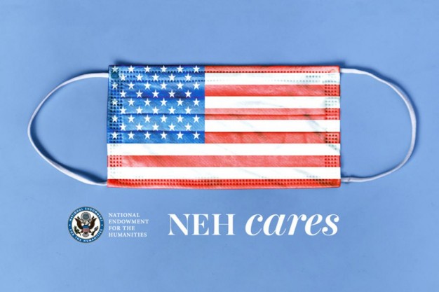 NEH cares logo of face mask with american flag