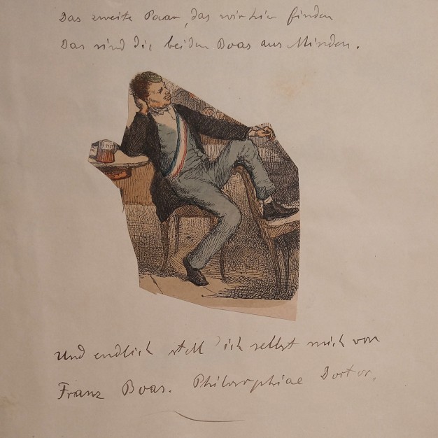 print of man in blue suit seated with manuscript writing in german surrounding