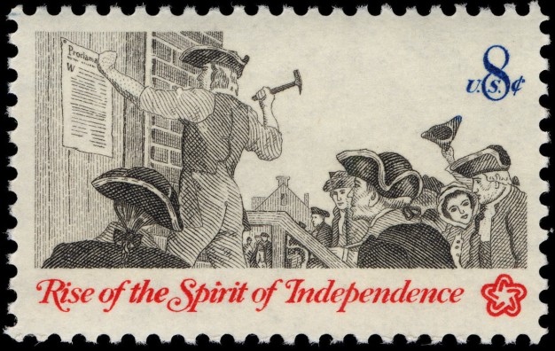 image of 8 cent stamp with "Rise of the Spirit of Independence" theme