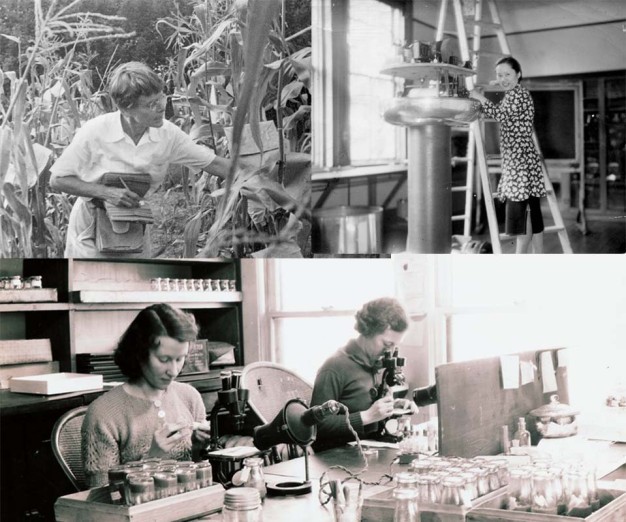 four black and white photos of women in science