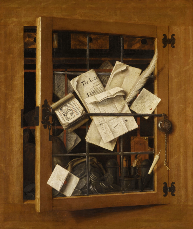 trompe l'oeil painting of open cabinet