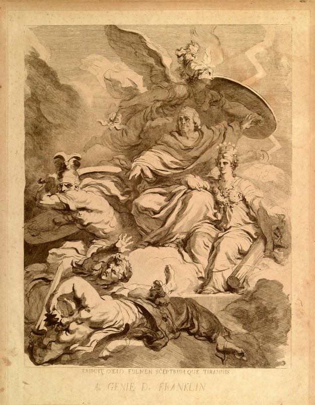 sepia toned print of Benjamin Franklin capturing lightening