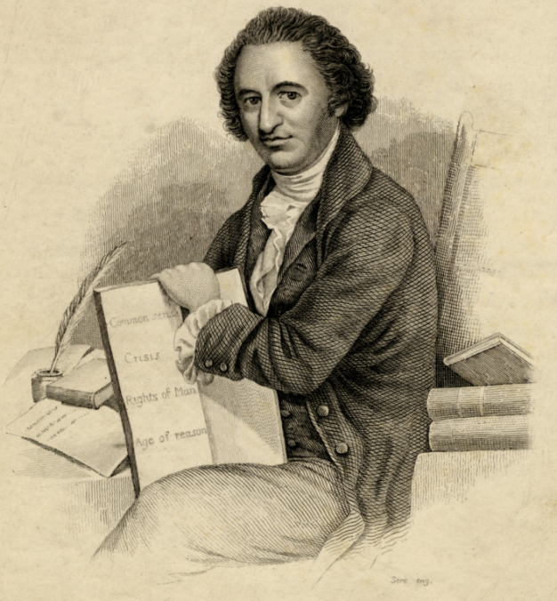 Engraving of Thomas Paine holding a book inscribed "Common Sense", "Crisis", "Rights of Man" and "Age of Reason".