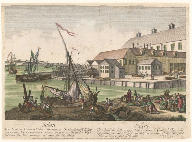 18th century view of Salem, Massachusetts with ships in front of a dock