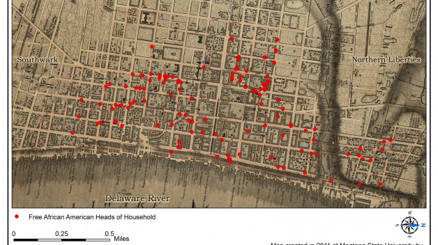 18th century map of Philadelphia with red dots