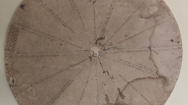 The "fortune-wheel" is a brown cardboard circle divided into sixteen wedges