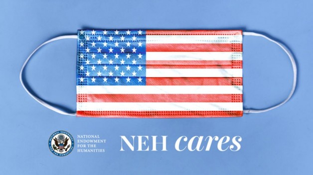 NEH cares logo of face mask with american flag