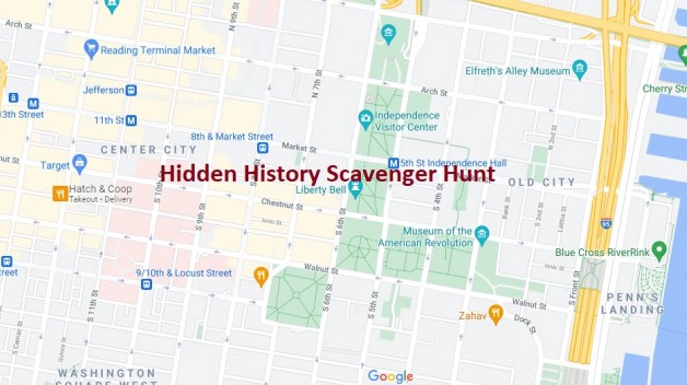 Google map of Philadelphia with red text "Hidden History Scavenger Hunt"