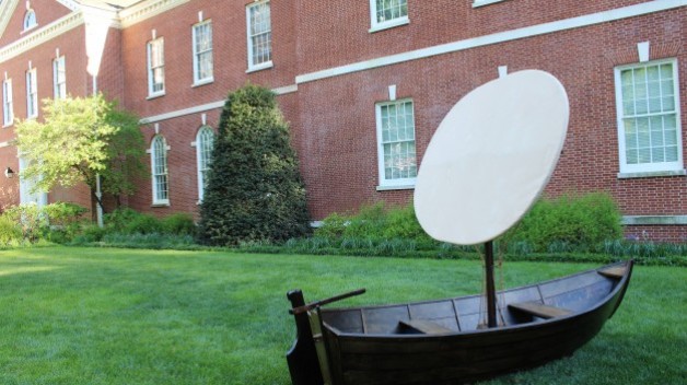 A picture of an art installation of a boat in the Jefferson Garden 
