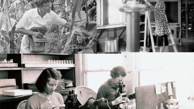 collage of three black and white photos of women working in various scientific endeavors