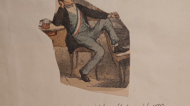 print of man in blue suit seated with manuscript writing in german surrounding