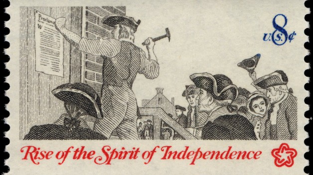 image of 8 cent stamp with "Rise of the Spirit of Independence" theme