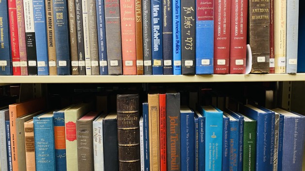 photo of bookshelves lined with colorful spines