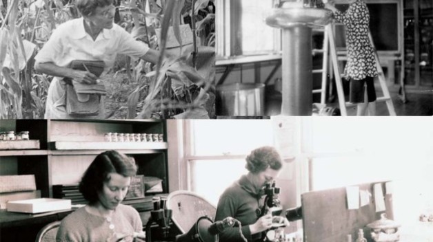 four black and white photos of women in science