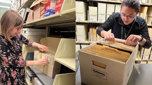 side-by-side photos of Adrianna and Gina in the stacks