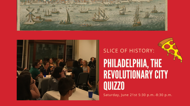 A collage with a picture of people in the Philosophical hall conference room, a view of Philadelphia and the title of the program