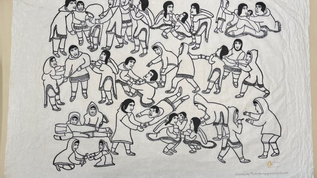 black and white print drawing of people in multiple positions interacting with each other