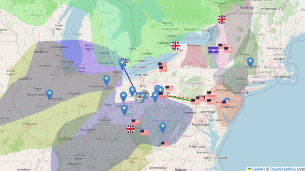 Screenshot of an interactive map of locations referenced in the Yeates papers