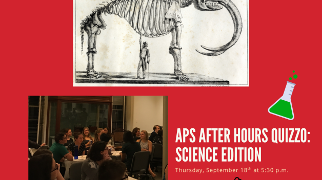 A collage with a picture of people in the Philosophical hall conference room, a drawing of a mastodon, and the title of the program