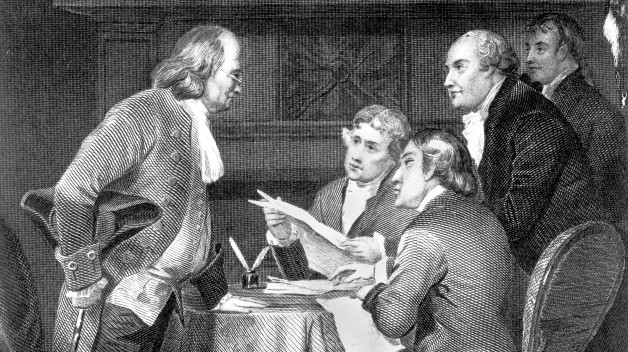 Black and white printed engraving showing Benjamin Franklin, Thomas Jefferson, John Adams, Robert Livingston, and Roger Sherman around a table in conversation. 