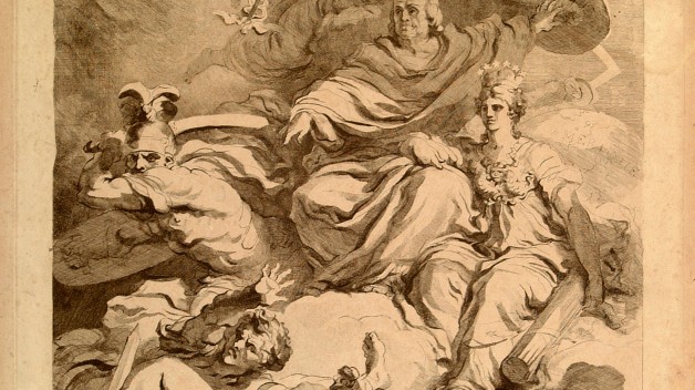 sepia toned print of Benjamin Franklin capturing lightening