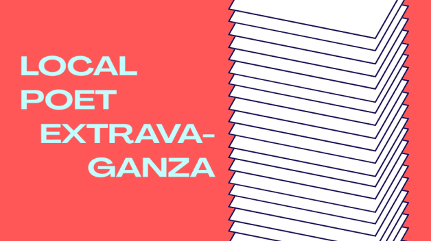 stack of white rectangles next to the event title in light blue on a vibrant reddish background