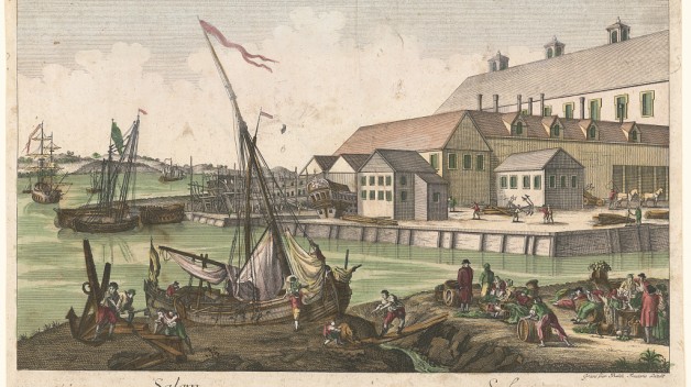 18th century view of Salem, Massachusetts with ships in front of a dock