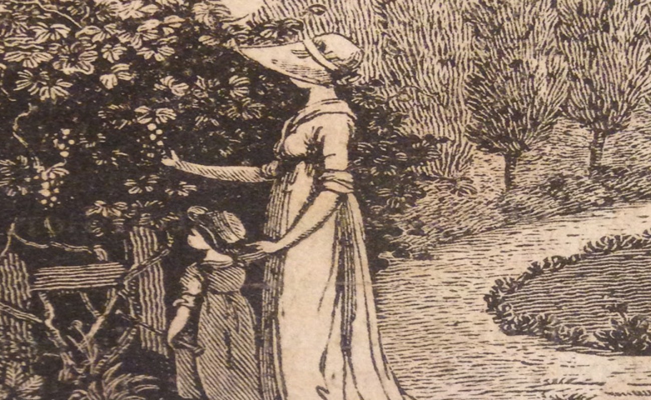 Image of woman in a long dress showing a child the detail of a large, flowered bush. 