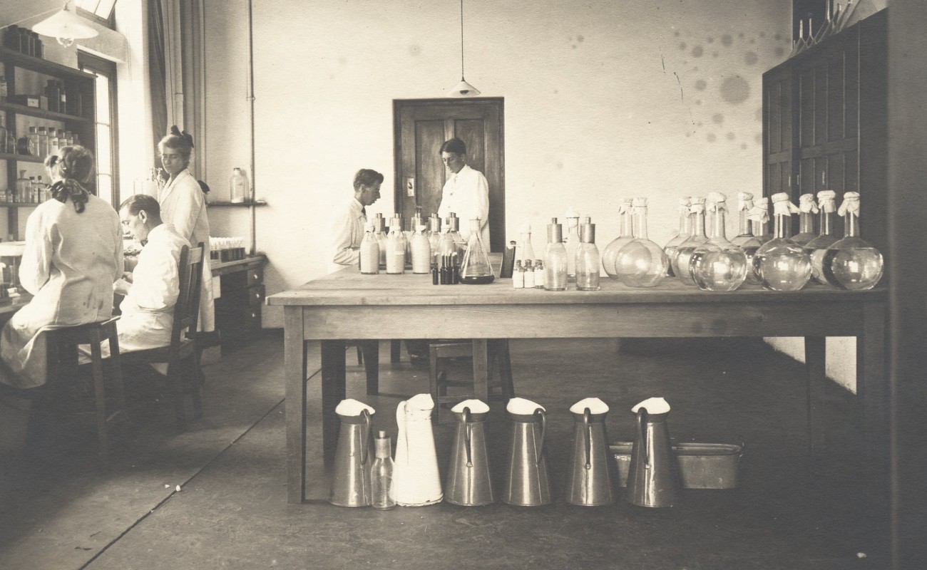 black and white photo of laboratory