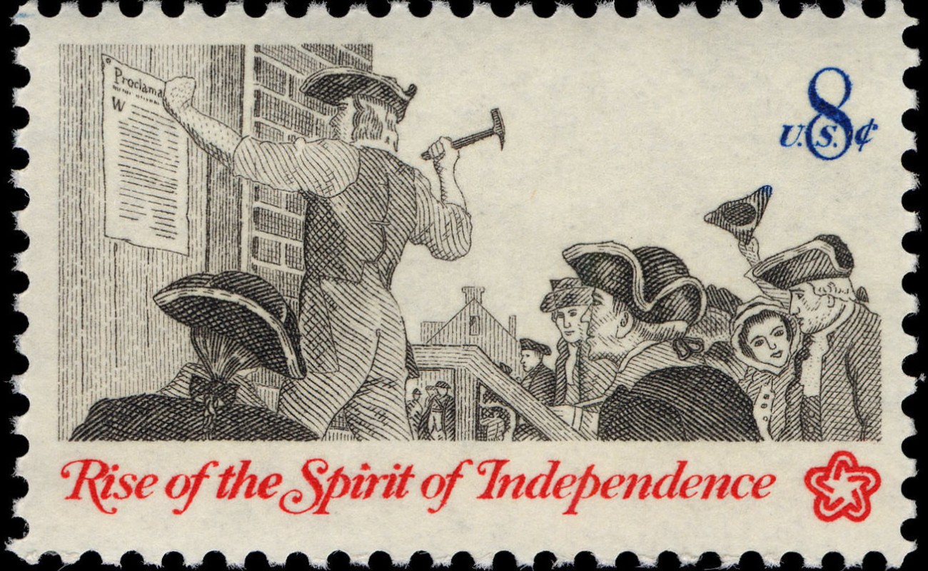 image of 8 cent stamp with "Rise of the Spirit of Independence" theme