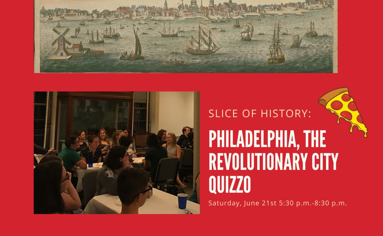 A collage with a picture of people in the Philosophical hall conference room, a view of Philadelphia and the title of the program