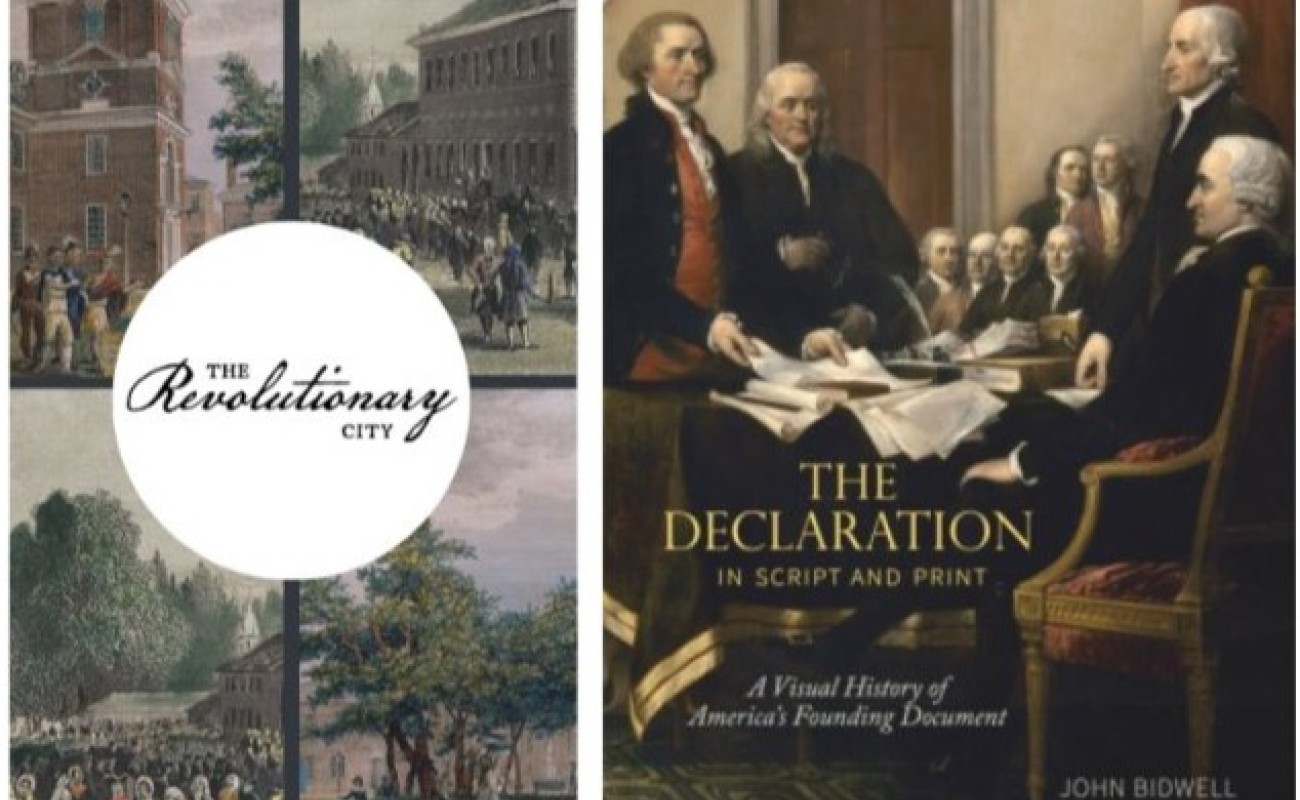 side-by-side of Rev City logo and Declaration book cover