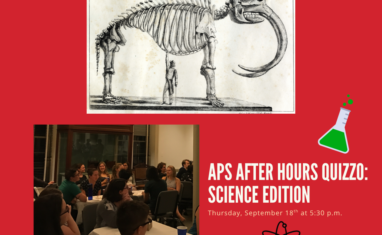 A collage with a picture of people in the Philosophical hall conference room, a drawing of a mastodon, and the title of the program