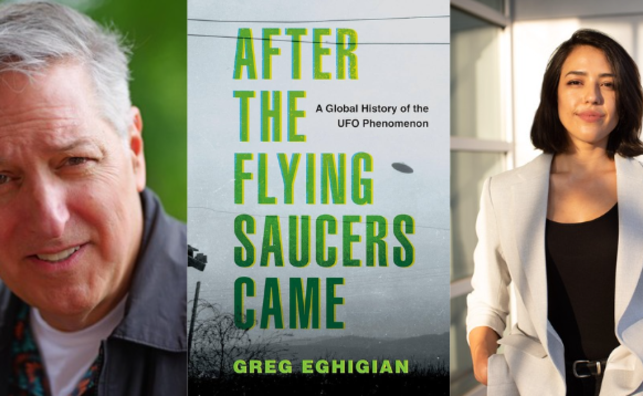 Greg and Lois headshots with Greg's book cover
