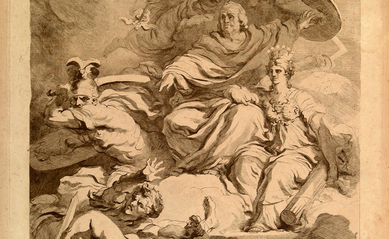 sepia toned print of Benjamin Franklin capturing lightening