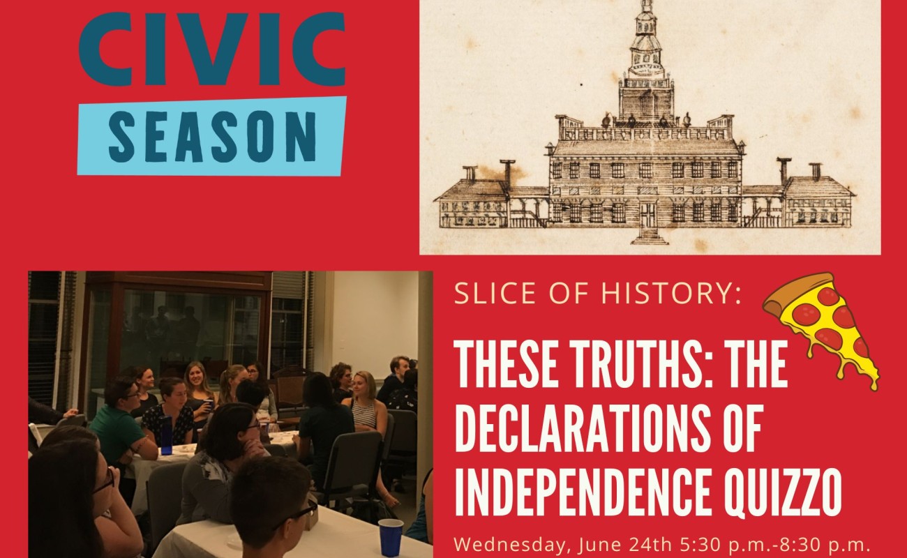 A collage with a picture of people in the Philosophical hall conference room, a sketch drawing of Independence Hall, logo of Civic Season and the title of the event. 