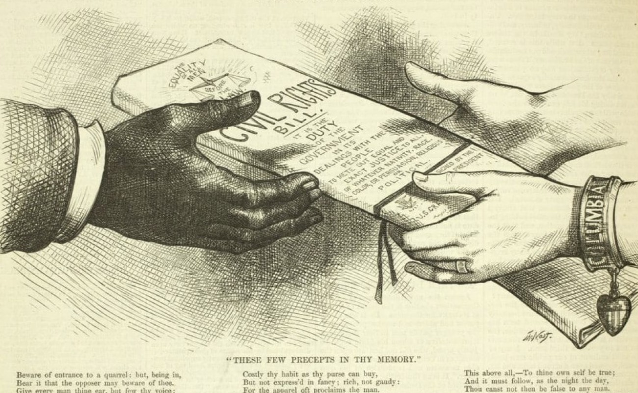 engraving of black and white hand holding civil rights bill