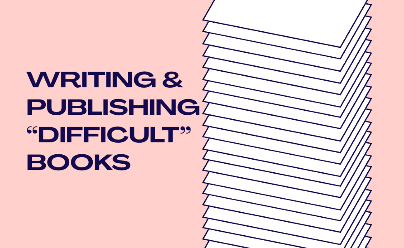 title of event on pink background with stack of white rectangles