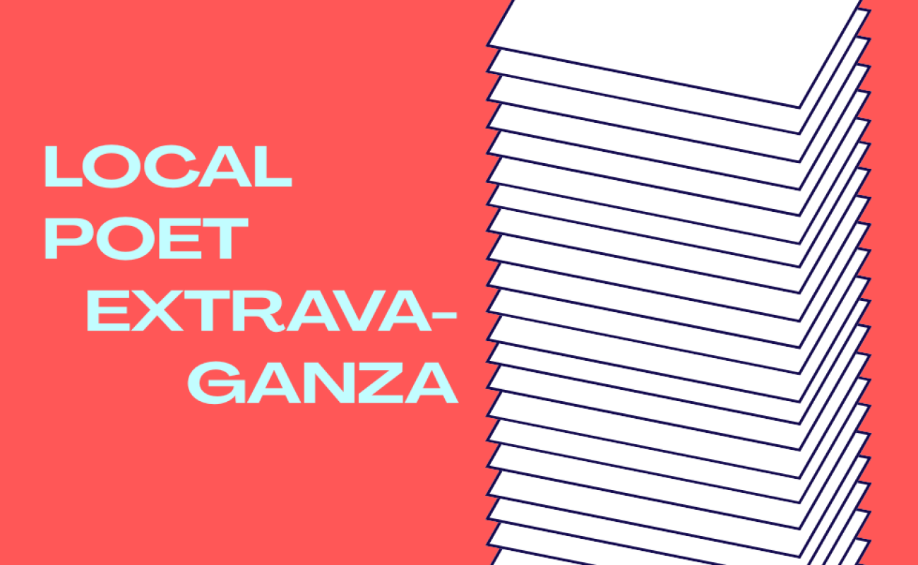 stack of white rectangles next to the event title in light blue on a vibrant reddish background