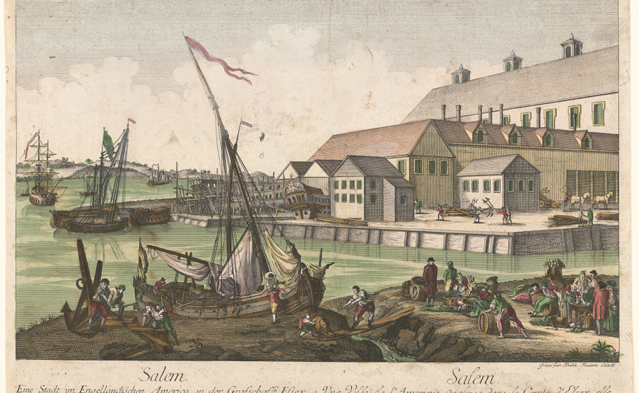 18th century view of Salem, Massachusetts with ships in front of a dock