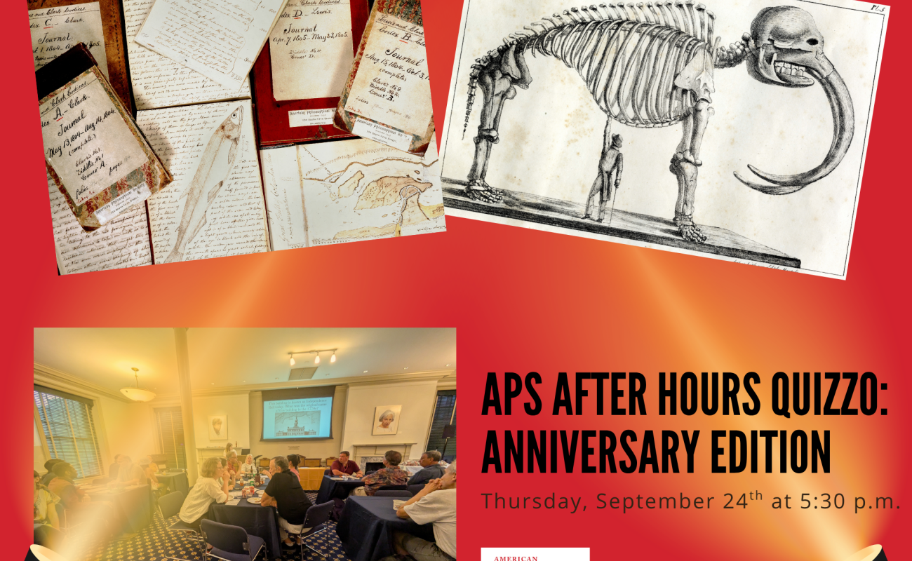 a collage of pictures featuring a crowd at quizzo, the lewis and clark journals and a mastodon. It includes the title and date of the program. 