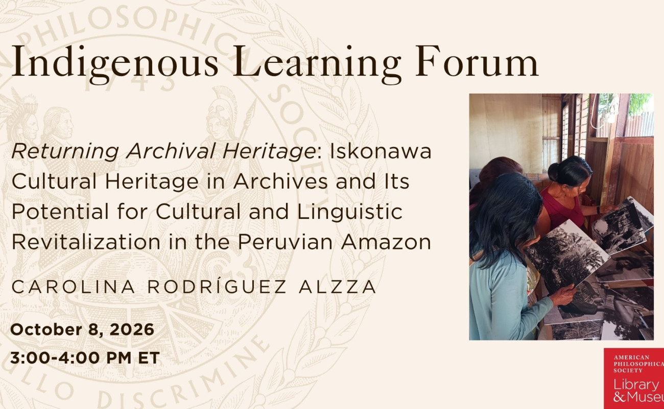 Indigenous Learning Forum graphic featuring individuals examining black and white photographs 