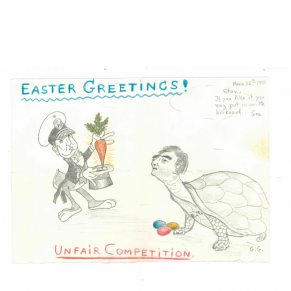 Cartoon of two men dressed as a rabbit and turtle