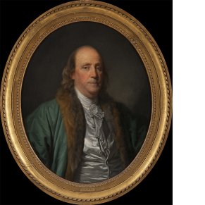 portrait of a man (Benjamin Franklin) wearing a teal coat with a reddish brown fur collar in a gilded, carved frame
