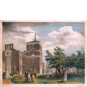 engraved image with added color showing a large brick building (Independence Hall) and green space with trees where people are walking