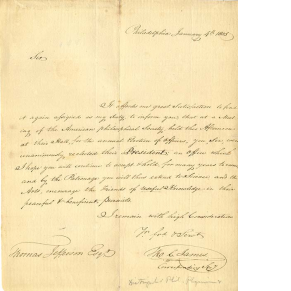 manuscript letter informing Thomas Jefferson of his reelection as APS President