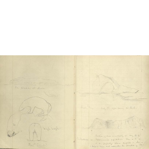 notebook pages with drawings in pencil of icebergs and polar bears with various annotations including "waggle waggle" below the bears