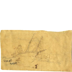 drawing of a ship trapped in the ice as men try to free it using ropes